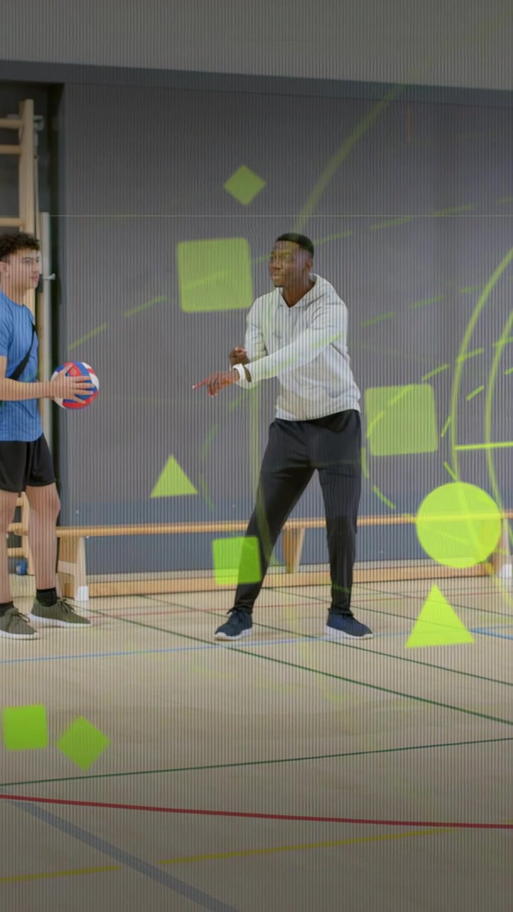 Vertical video: Coach coaching bumping after player tossing volleyball green shapes marking form