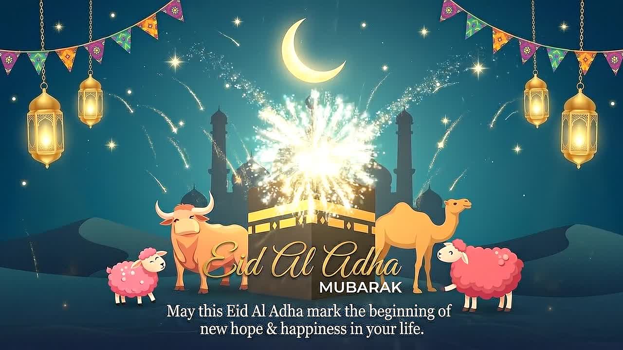 Animazione banner di auguri Eid al-Adha con Kaaba, moschea, cammello, mucca, luna crescente e lanterne luminose.