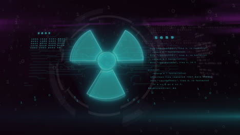 animación del signo nuclear verde y procesamiento de datos con fallo sobre fondo negro