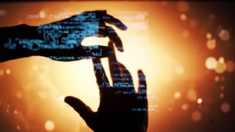 a captivating journey of connection: two hands interacting with glowing code in a dreamlike digital landscape of light and creativity