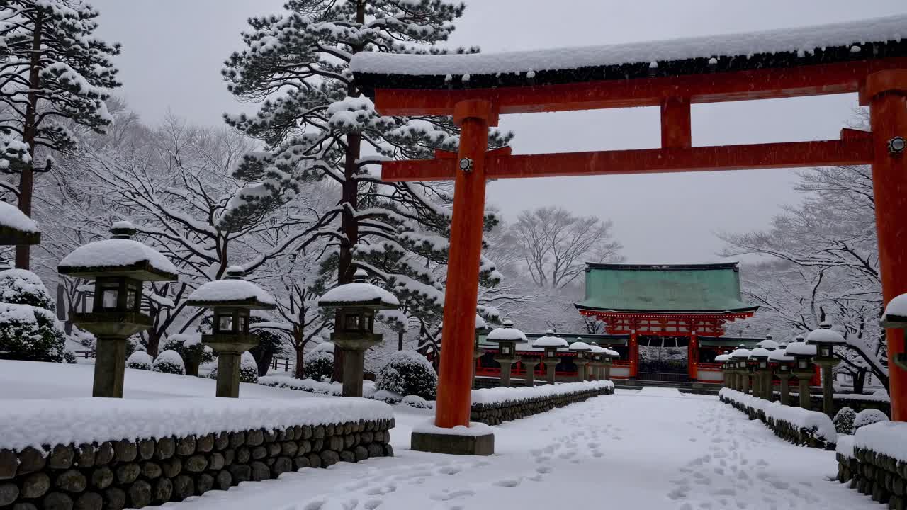 A serene winter scene of a snow-covered Japanese shrine, captured from a low angle
