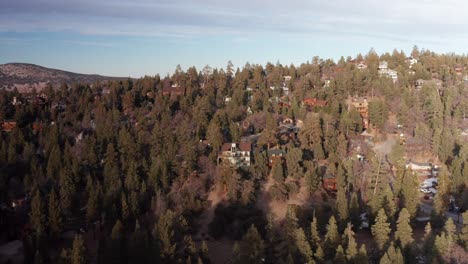 Aerial-push-in-shot-of-a-beautiful-mountain-cabin-overlooking-the-alpine-forest-of-Big-Bear-Lake,-California