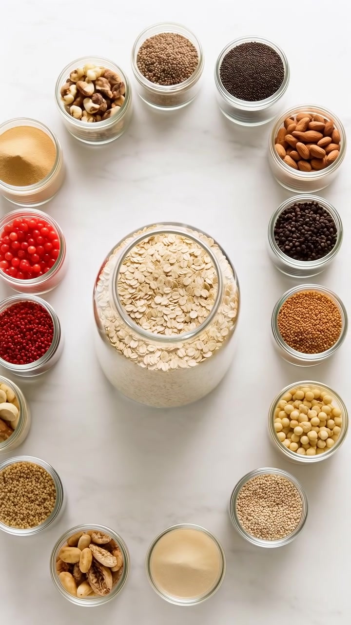Central clear glass jar filled with rolled oats moves upward and settles in centered position while surrounding jars of coffee, chia, lentils, nuts, seeds, powders, and grains stay neatly arranged