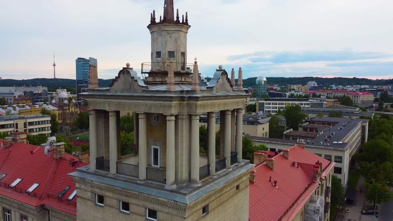 Historical architecture, Vilnius skyline and TV tower in distance, aerial view