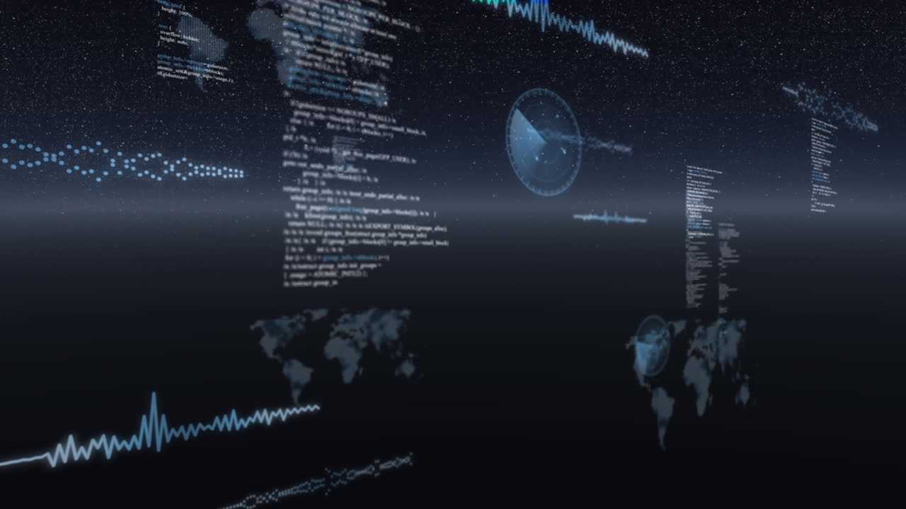 Animation of data processing, world maps and statistics recording over universe
