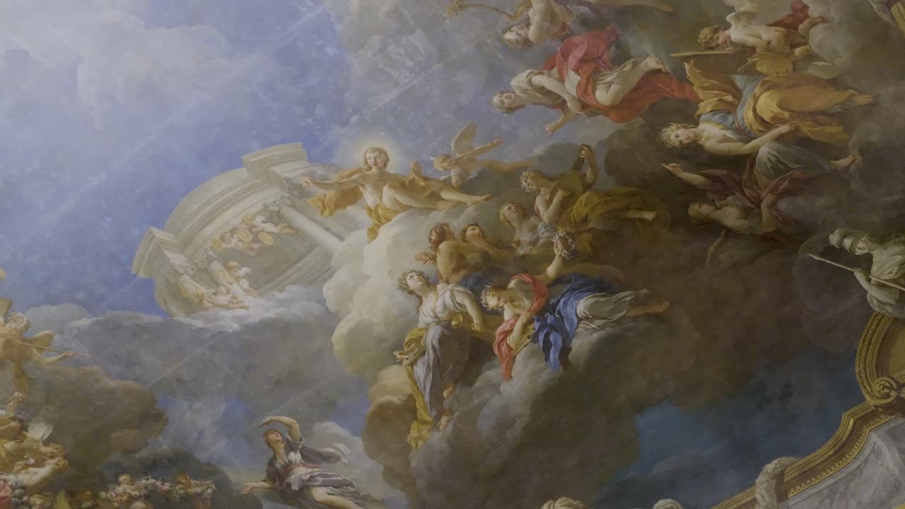 A detailed ceiling painting inside the Palace of Versailles depicting divine figures