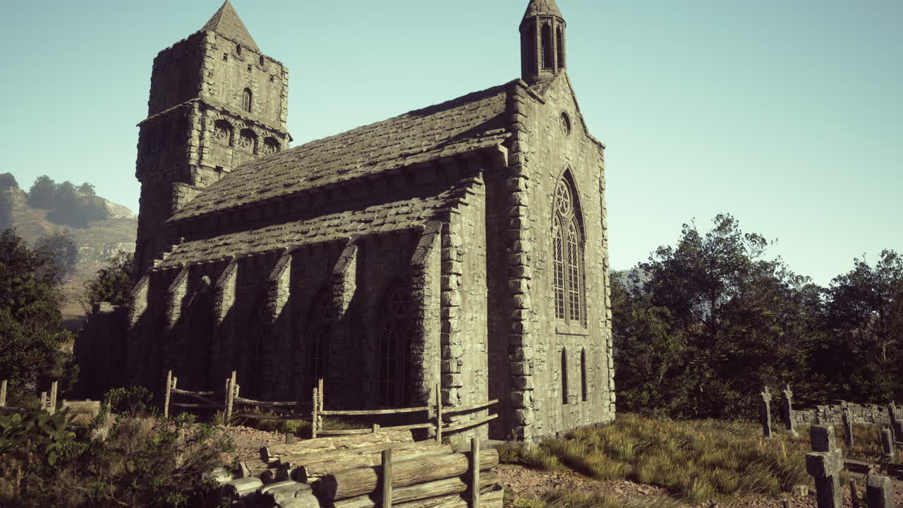 una vieja iglesia en una niebla mística