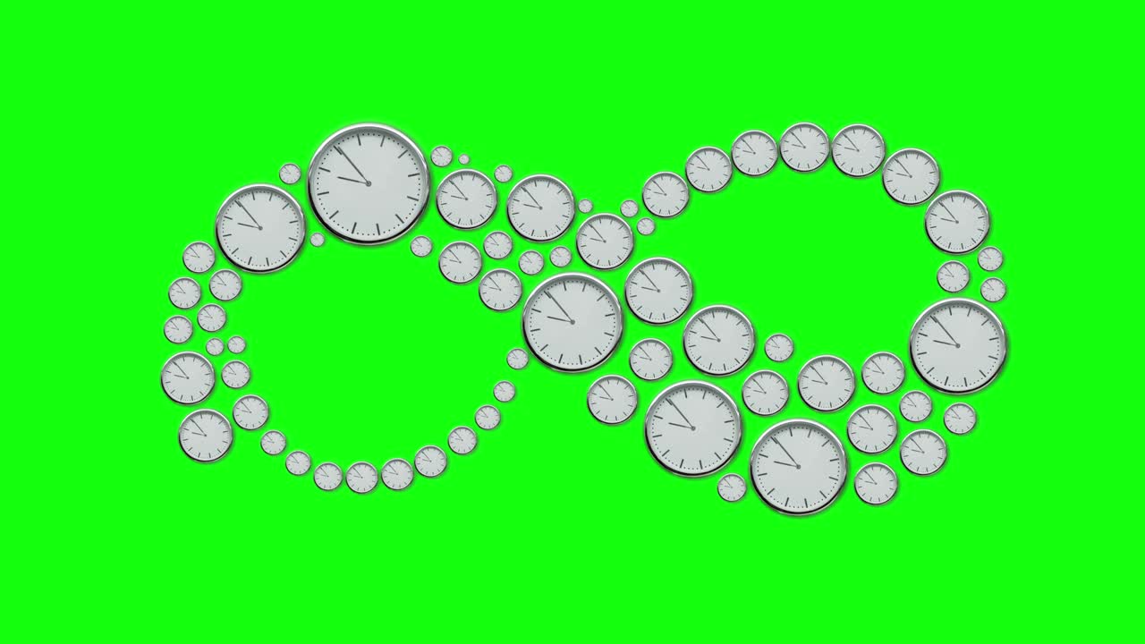 Infinity symbol made from timelapse clocks on green screen