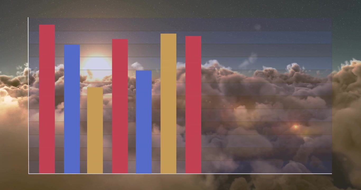 The video features smoky clouds and bright sunlight, with animated statistics processing on screen