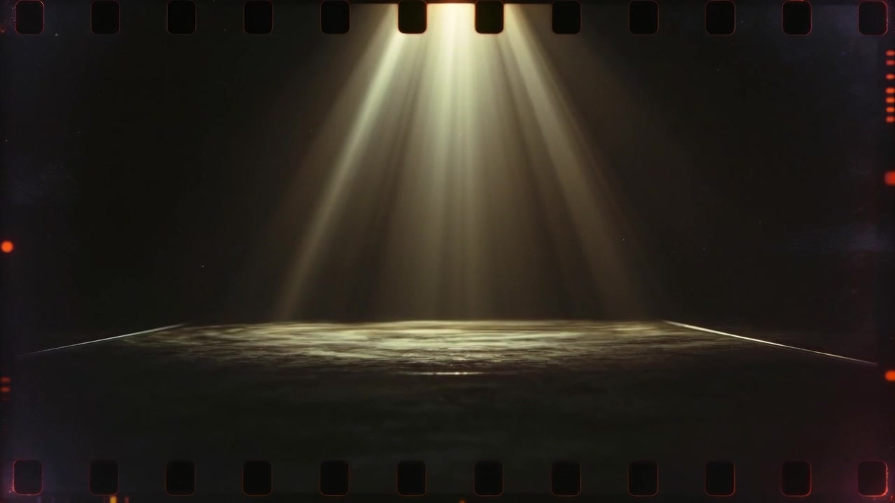 Formazione di fasci di luce fuori campo, che illuminano un pavimento di scena texturizzato con linee di bordo, vignettatura a pignone.
