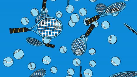 toon style pale blue tennis balls and tennis rackets on blue background.