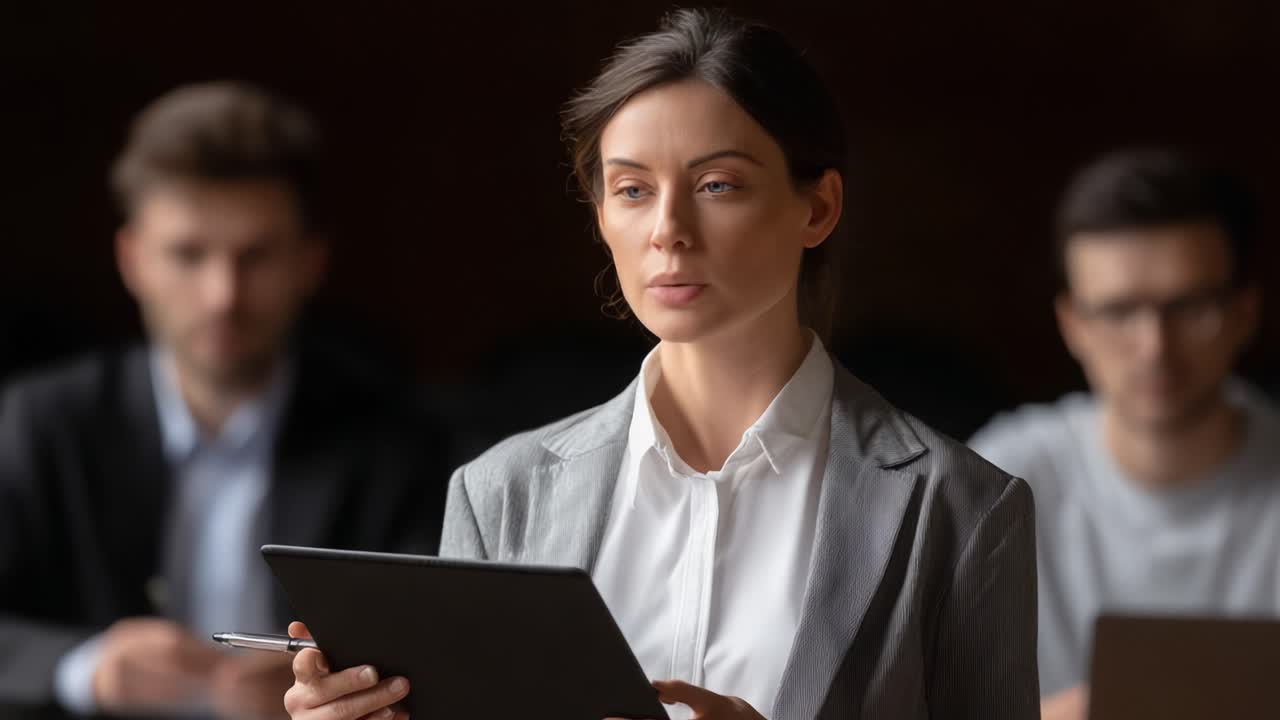 A focused professional woman delivers an important presentation while holding a tablet, demonstrating confidence among attentive colleagues in a corporate setting