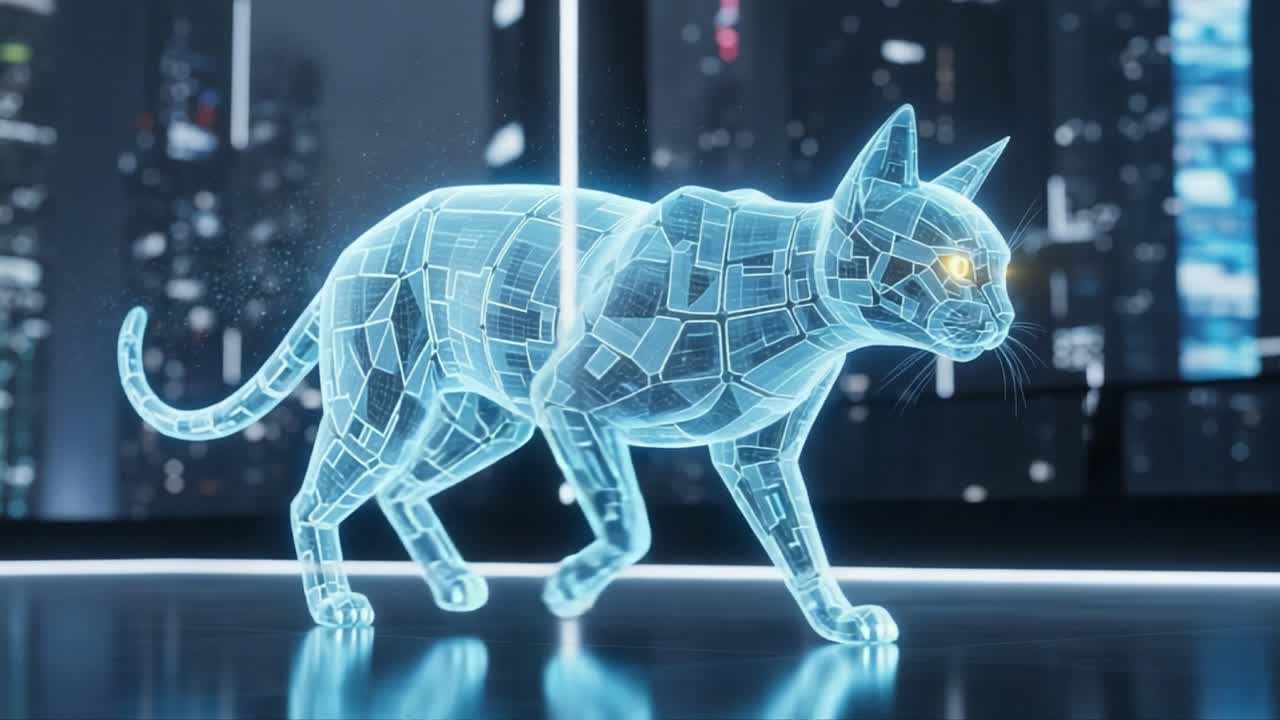 Translucent Digital Cat Walking in a Futuristic Environment: A Stunning Display of Technology Blending Living Creatures with Virtual Reality Abstracts