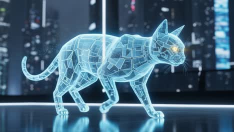 translucent digital cat walking in a futuristic environment: a stunning display of technology blending living creatures with virtual reality abstracts