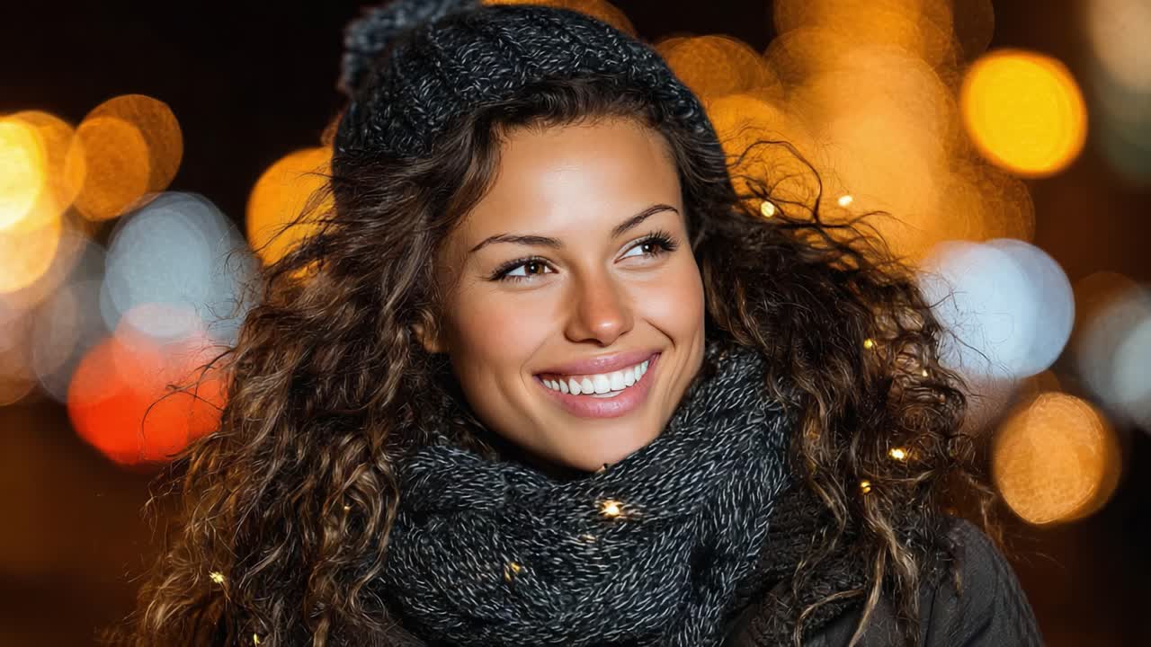 Radiant Smiles in a Winter Wonderland: Captivating Close-Up of a Young Woman Embracing the Joy of Seasonal Festivities Amidst a Magical Background of Glowing Lights