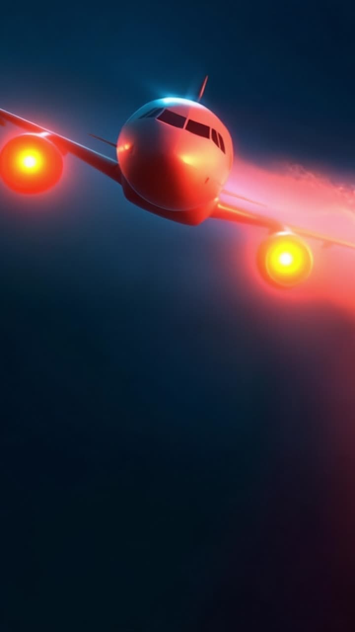 Aerial Journey: An Animated Visualization of a Modern Aircraft Flying Through the Night with Illuminating Engines and a Twilight Sky Background
