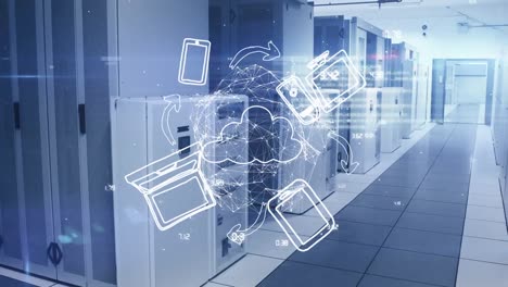 animación del procesamiento de datos y la red de conexiones a través de la computadora portátil