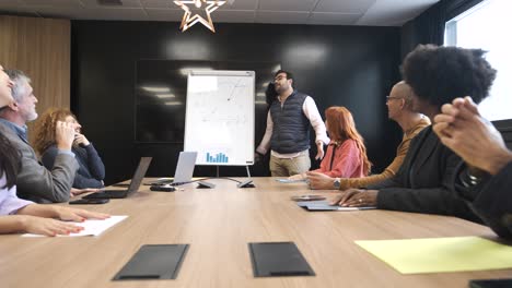businessman explaining strategy on whiteboard to diverse colleagues in office