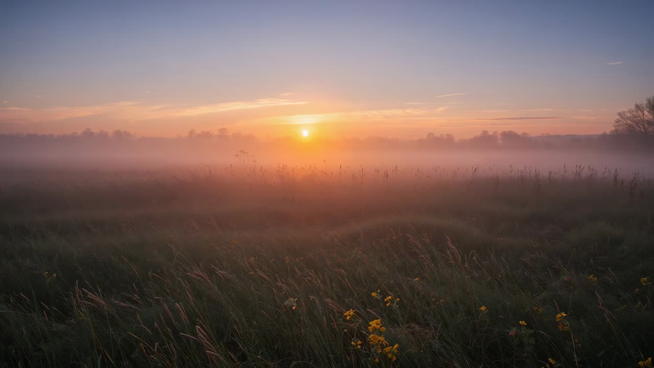 Stigende sol bakgrunnsbelyser tåkete eng ved daggry, tynnende tåke, avslører trelinjen og fugler