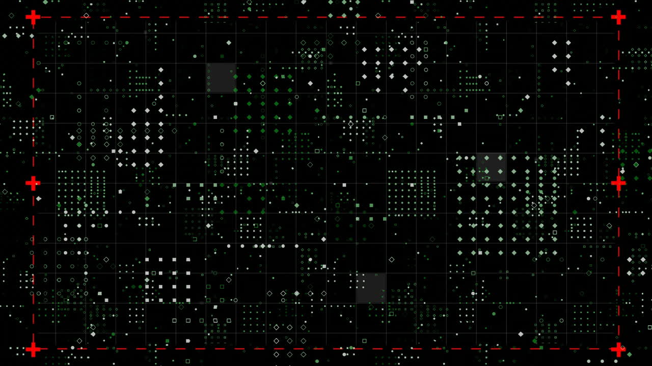 Animation of green and white digital grid dots on black background