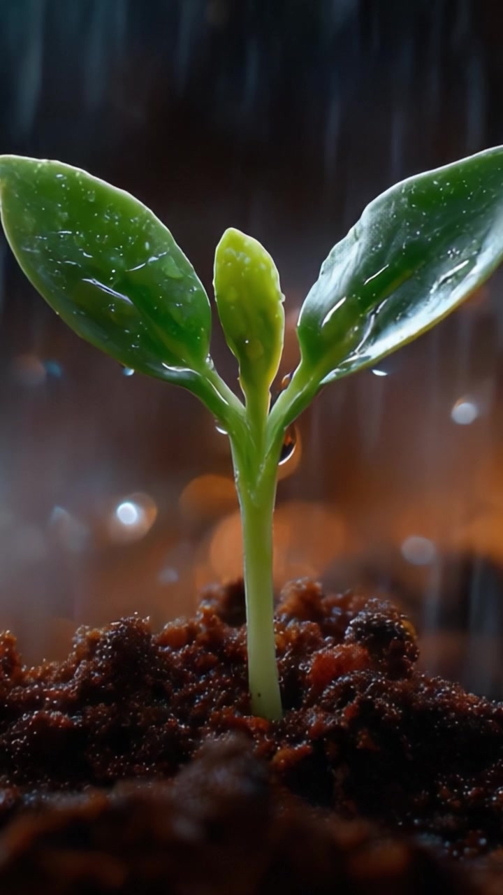 Un primo piano di una giovane pianta che germoglia con foglie fresche e goccioline d'acqua che brillano sulla sua superficie, su uno sfondo ricco e terroso.