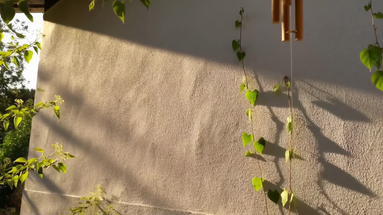 Video di un muro illuminato dal sole con piante rampicanti, catturato da un'angolazione laterale, che evoca tranquillità.