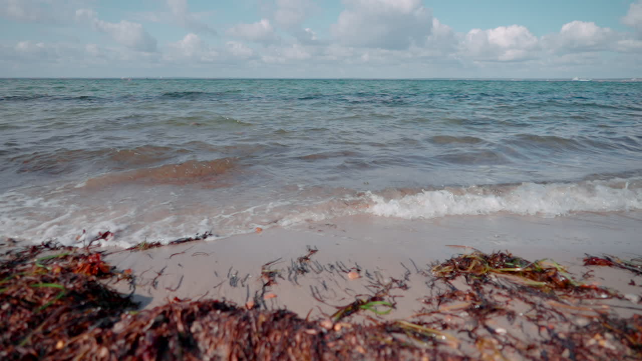 바다의 파도가  ⁇ 은 날 해변에 부 ⁇ 히고