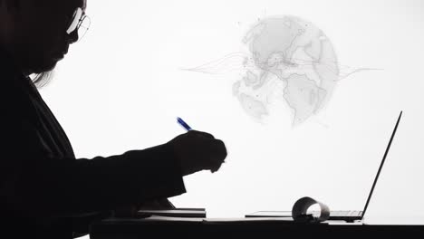 silhouette of a businessman or researcher working on a global product or solution