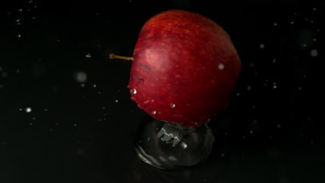 manzana roja cayendo sobre una superficie negra húmeda