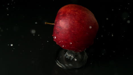 red apple falling on wet black surface