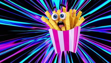 french fries cartoon character, served in a pink and white striped paper cup, displays a range of surprised expressions against a dynamic backdrop of vibrant, swirling colors