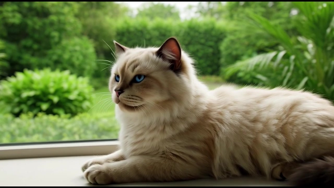 Gatto Ragdoll soffice che sbadiglia vicino a una finestra