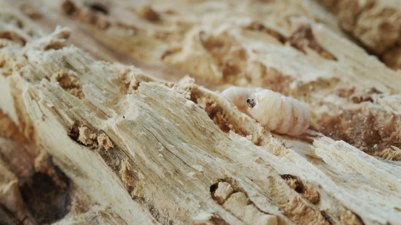 Larva di coleottero xilofago in un albero marcio.