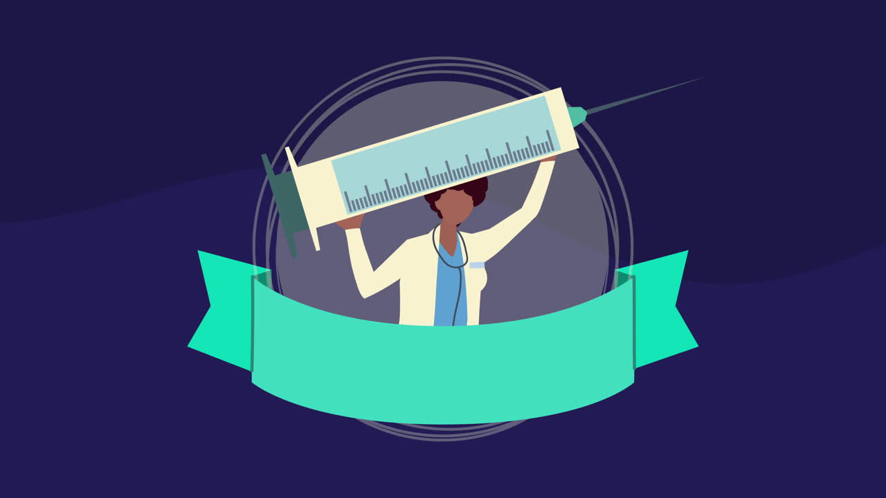 아프리카 여성 의사가 리본 프레임으로 코로나19 백신을 들어 올리고 있습니다.