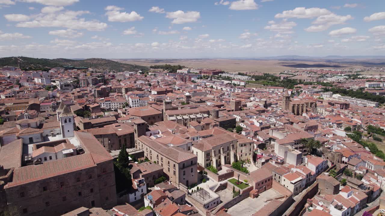 Captivating C&aacute;ceres cityscape adorned with historical charm, Spain - Aerial