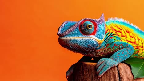 a colorful chameleon sitting on top of a tree stump