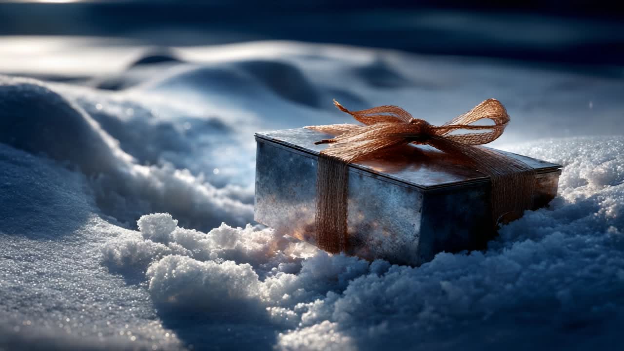 A beautifully wrapped gift box resting on a snowy landscape, shimmering in the soft light of winter, surrounded by untouched snow. The ribbon adds a touch of elegance to the serene winter scene, evoking a sense of wonder and anticipation