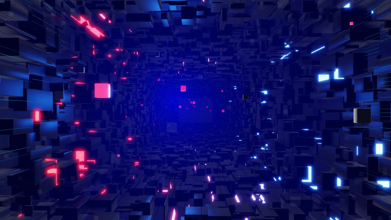 Tunnel with neon light. Sci-fi bg fly through tech digital space. Concept of hi-tech information flow, blockchain. 3d looped bg motion design, cubes and frames, constructions. Dark dynamic bg