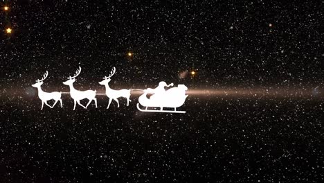 animation of santa claus in sleigh with reindeer over snow falling and glowing star