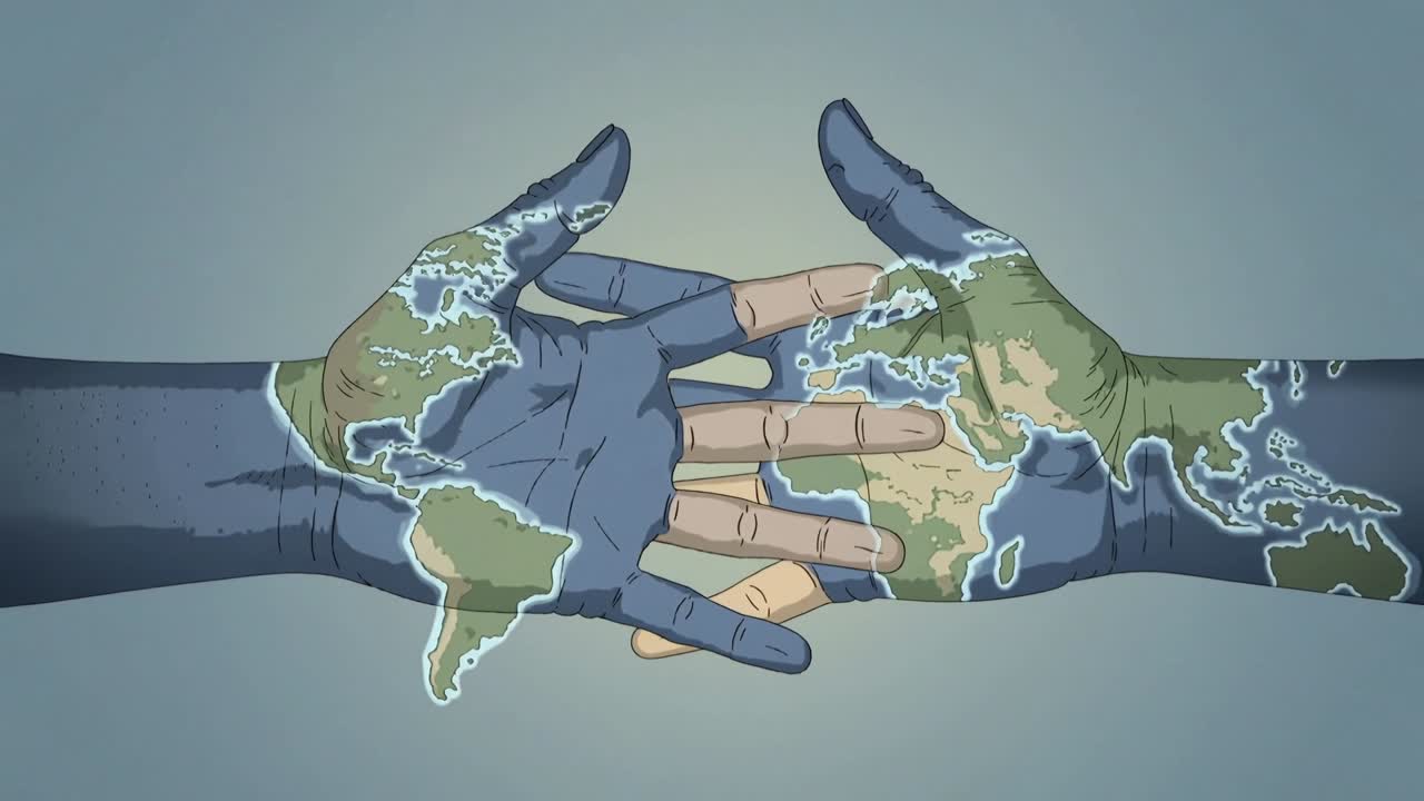 Approaching painted hands interlocking at gray-blue backdrop, merging world maps, symbolizing unity