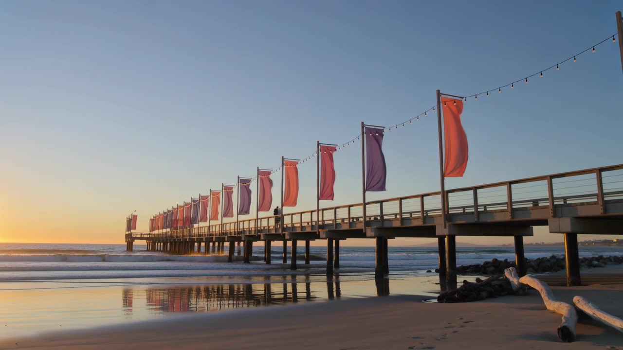 Rising sun brightening pier at beach, breeze moving flags and waves shifting reflections