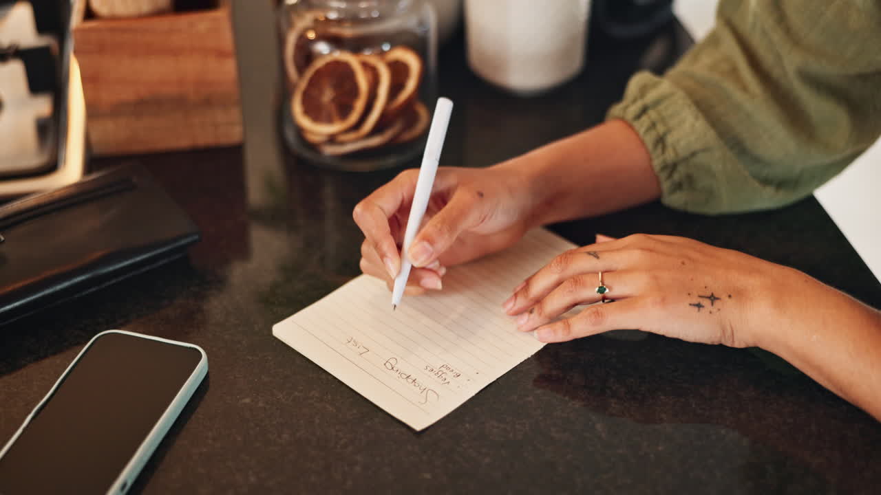 Woman writing a shopping list in a kitchen