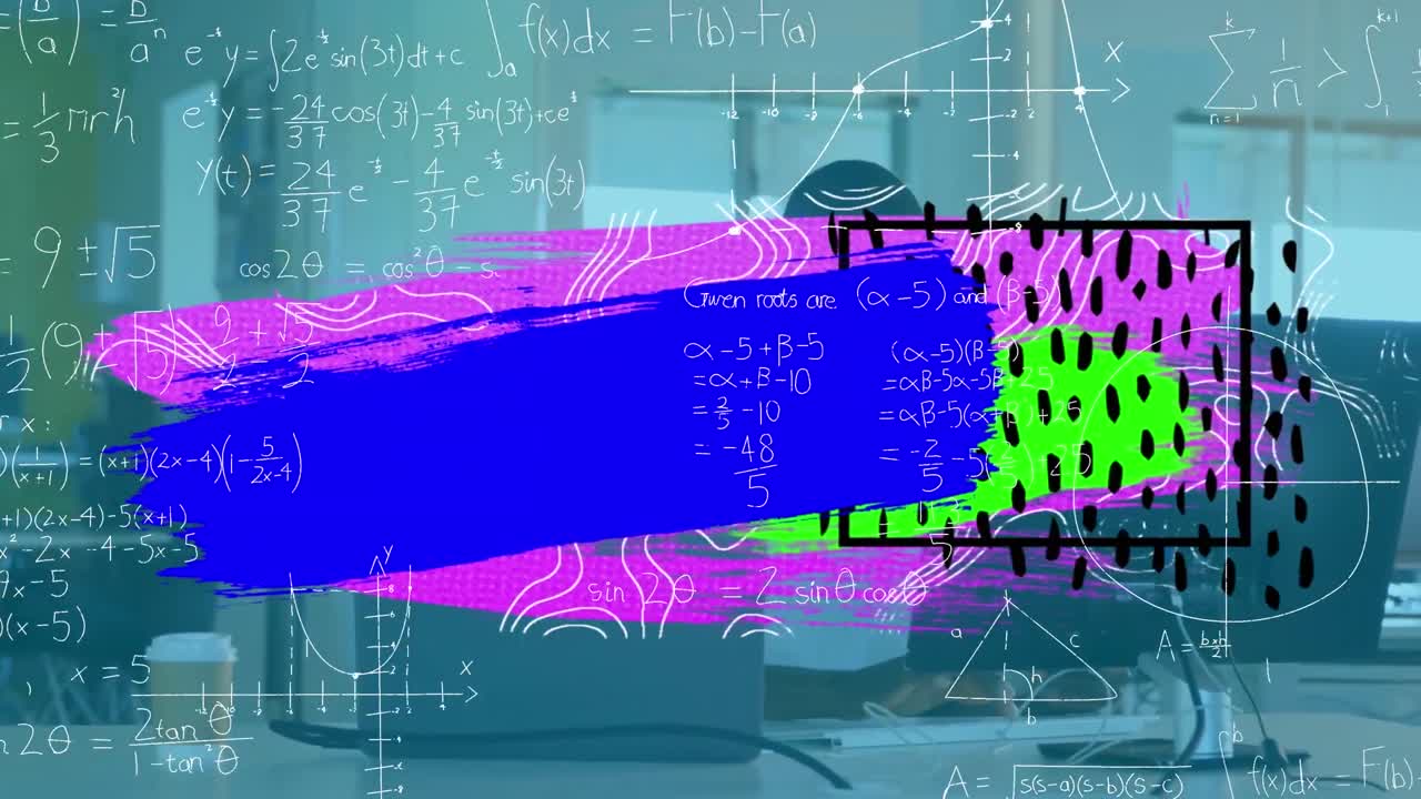 컴퓨터를 사용하여 사업가 위에 다채로운 얼룩과 모양의 애니메이션