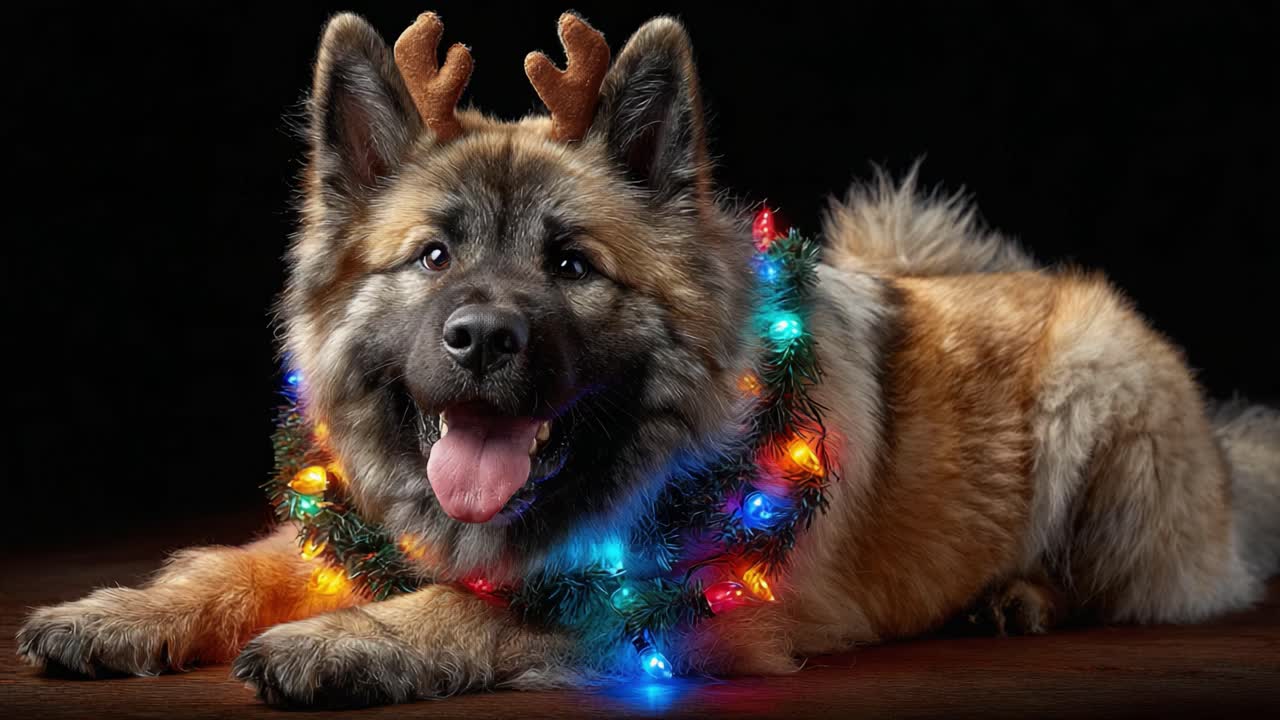 A Festive Dog Dressed with Christmas Antlers and Colorful Lights, Radiating Joy and Cheer in a Warm Holiday Atmosphere
