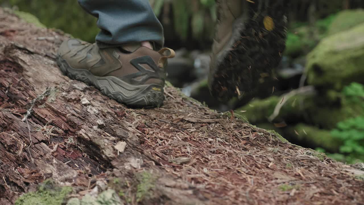 Shoes hiking outdoors taking steps on top of tree log in lush forest adventure travel in the Pacific Northwest