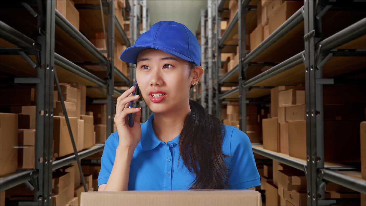 창고 에서 상자 를 배달 하는 동안 스마트폰 에 대화 하는 파란 유니폼 을 입은 아시아 여성 택배인 의 근접 사진