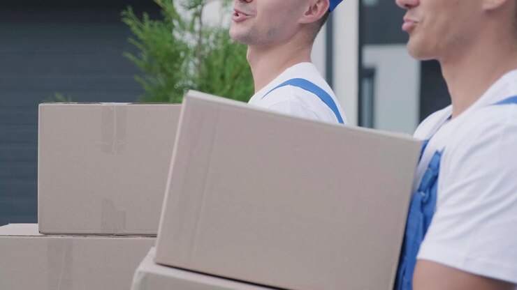 Two young workers of removal company deliver boxes to a customer's home