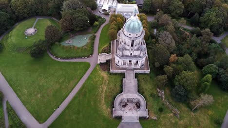 historic ashton memorial english folly classical landmark lancashire countryside gardens aerial birdseye orbit left view