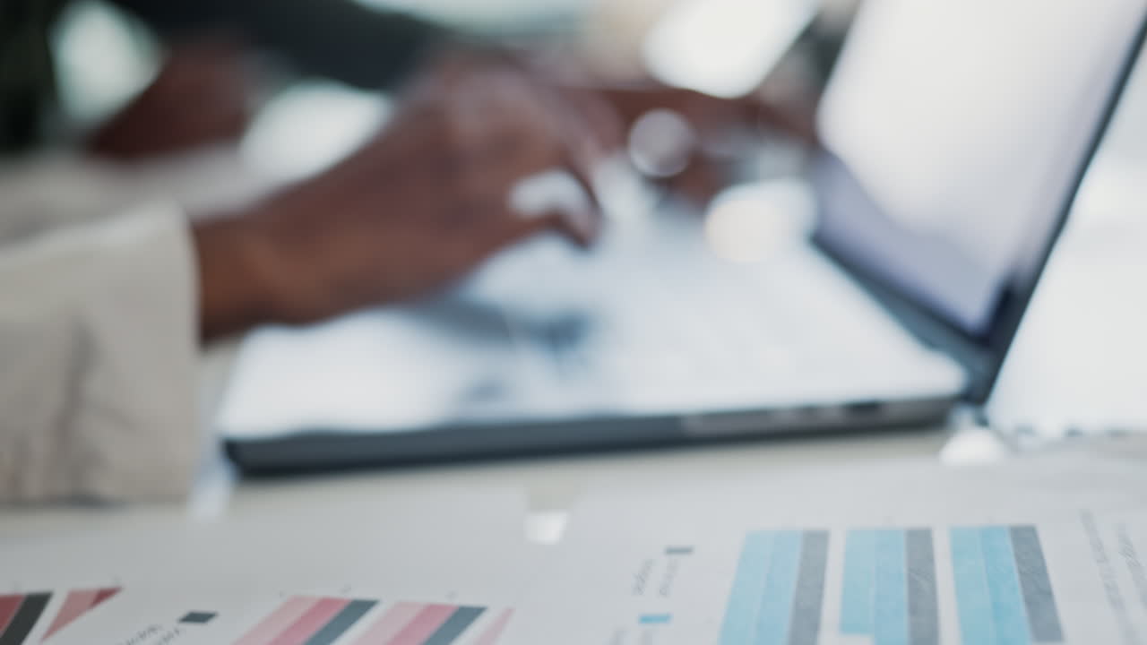 Paperwork, laptop or hands of person doing data