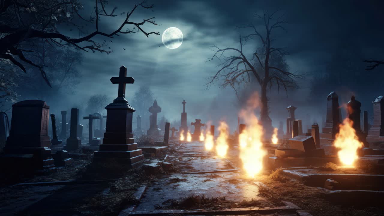 Scena inquietante di un cimitero di notte con la luna piena. L'inquadratura dal basso accentua l'atmosfera spettrale